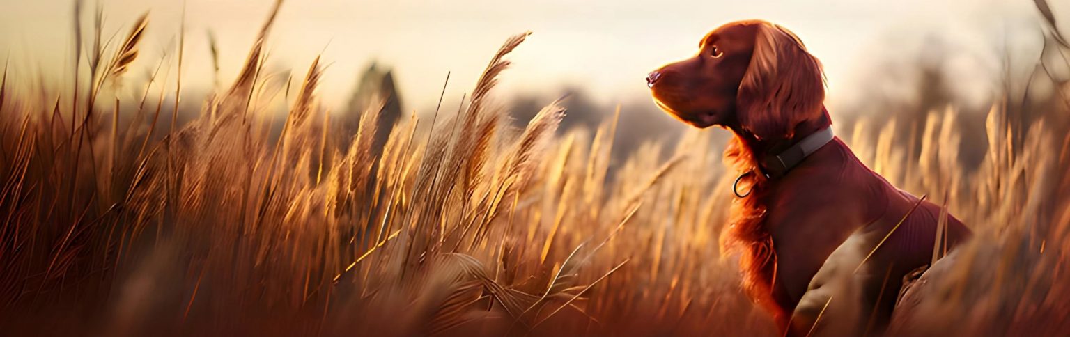 Jagdhund im Abendlicht im hohen Gras